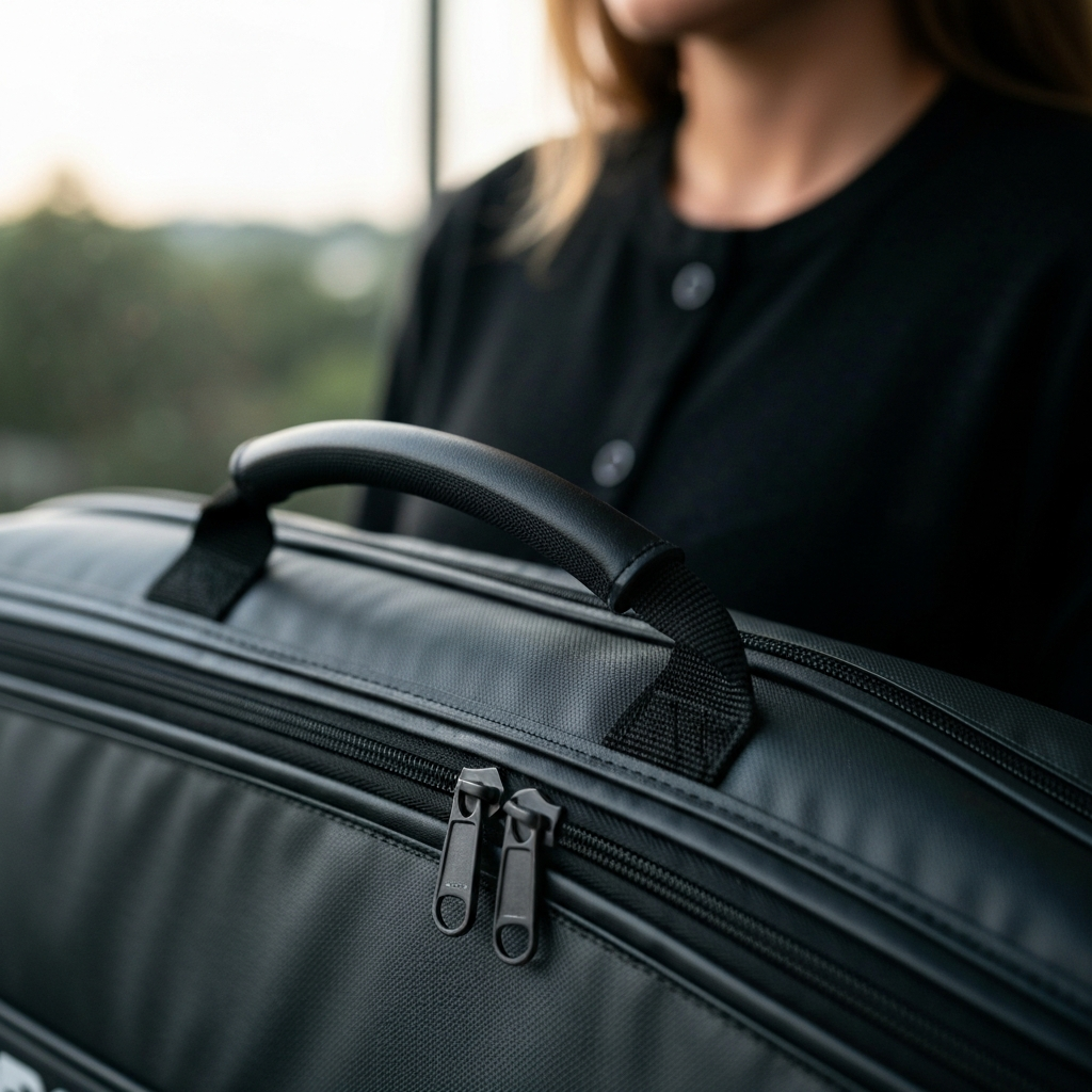 A close-up shot of a surfboard bag's reinforced handle and heavy-duty zipper, side-lit with soft, diffused light to highlight the texture of the material. The background is slightly blurred.