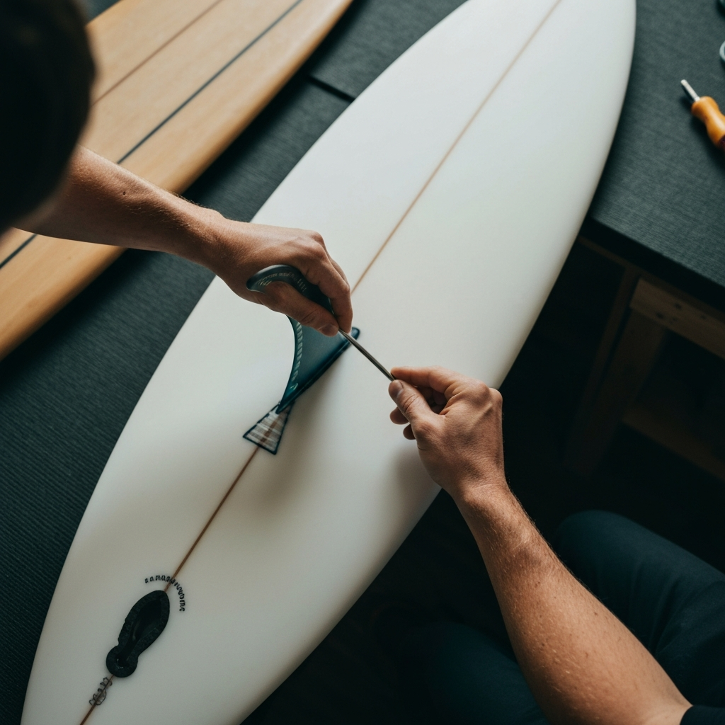 A surfer's hands carefully removing a surfboard fin with a fin key, shot from a slightly overhead angle. The workspace is clean and organized, with good ambient lighting.