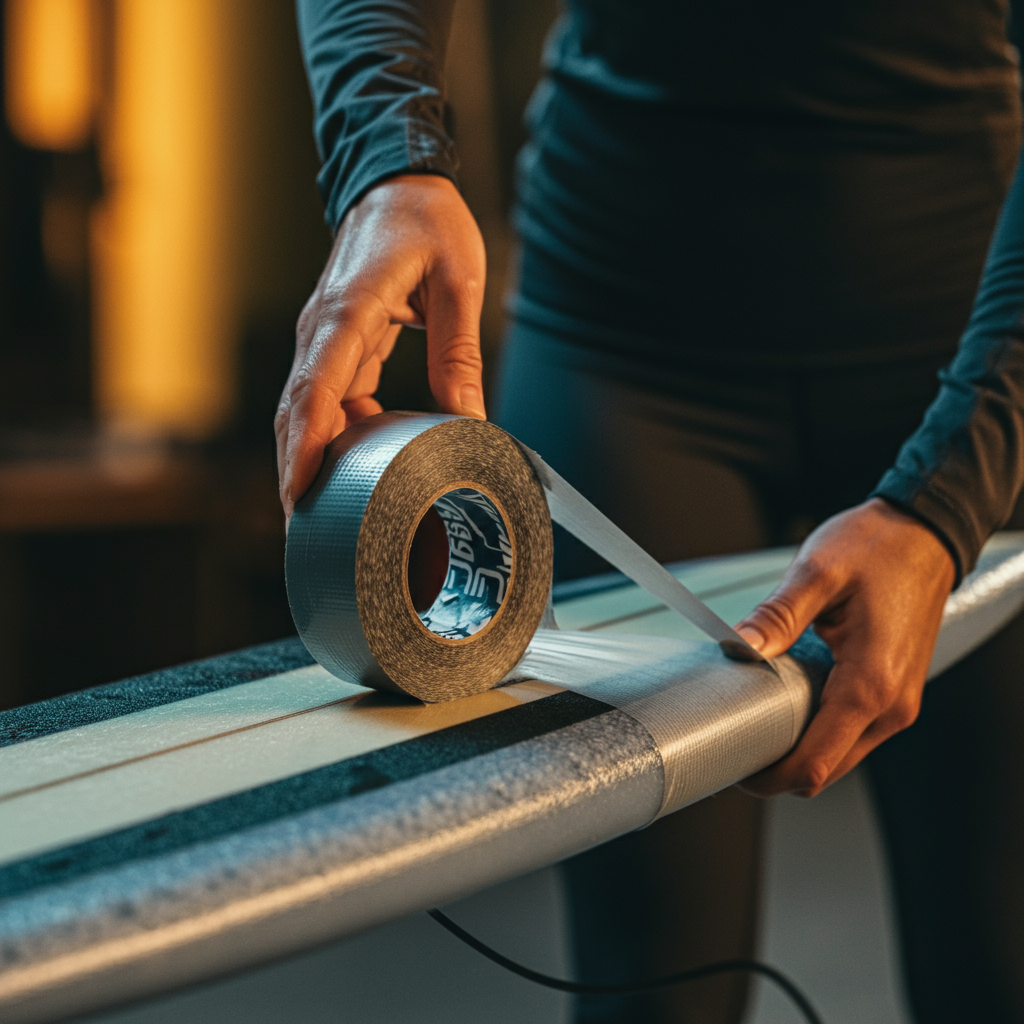 A close-up shot of duct tape being applied smoothly and tightly around foam pipe insulation on a surfboard rail, focused on the texture and adhesion. Soft bokeh in the background.