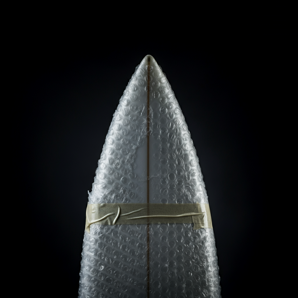 A surfboard's nose, heavily padded with bubble wrap and secured with tape. The light is diffused to show the curves and contours of the padding, creating soft shadows.