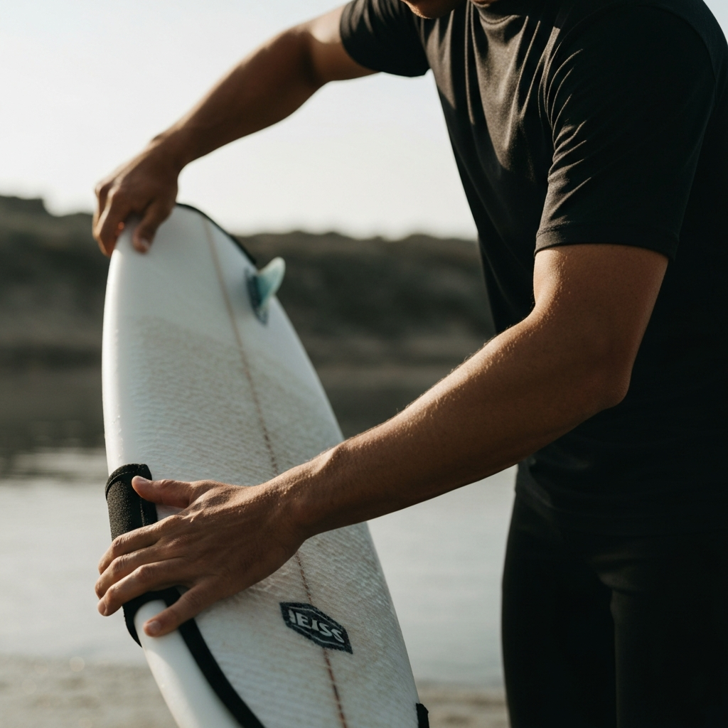 A surfer carefully sliding a surfboard into a board sock, using both hands to guide it smoothly. The light is natural and soft, highlighting the texture of the sock material.