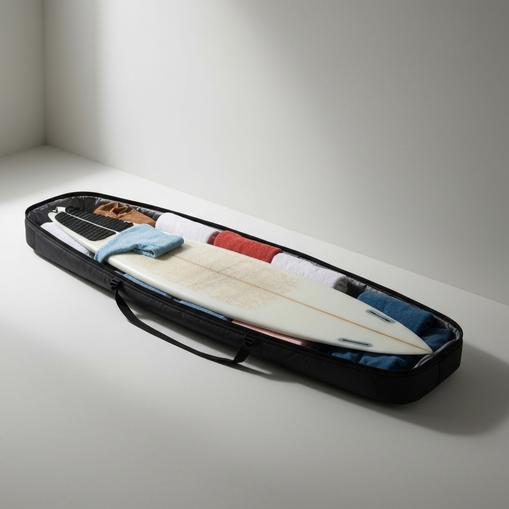 An open surfboard bag with a surfboard carefully placed inside, surrounded by neatly folded clothing and towels used for padding. The lighting is soft and even, creating a sense of organization and care.