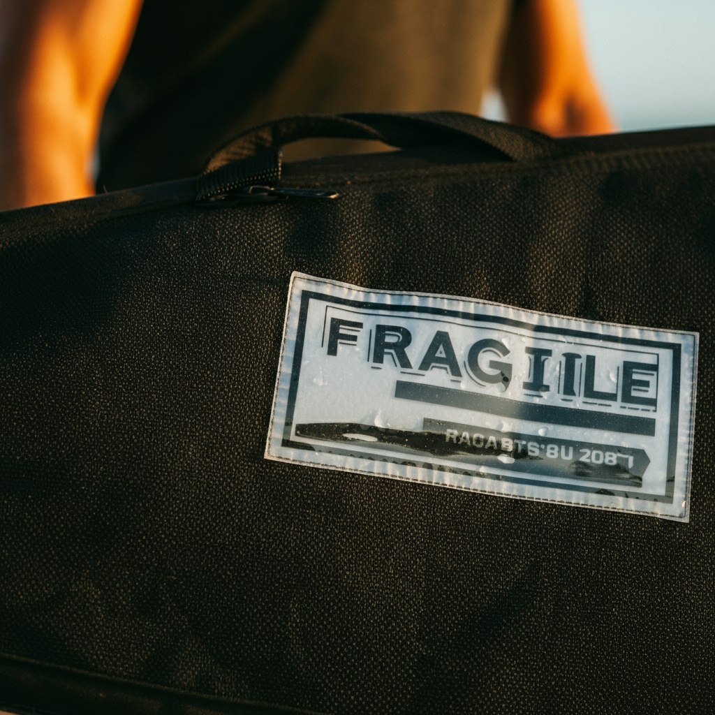 A close-up shot of a large, clear "FRAGILE" label prominently displayed on a surfboard bag. The background is slightly blurred to focus attention on the label.