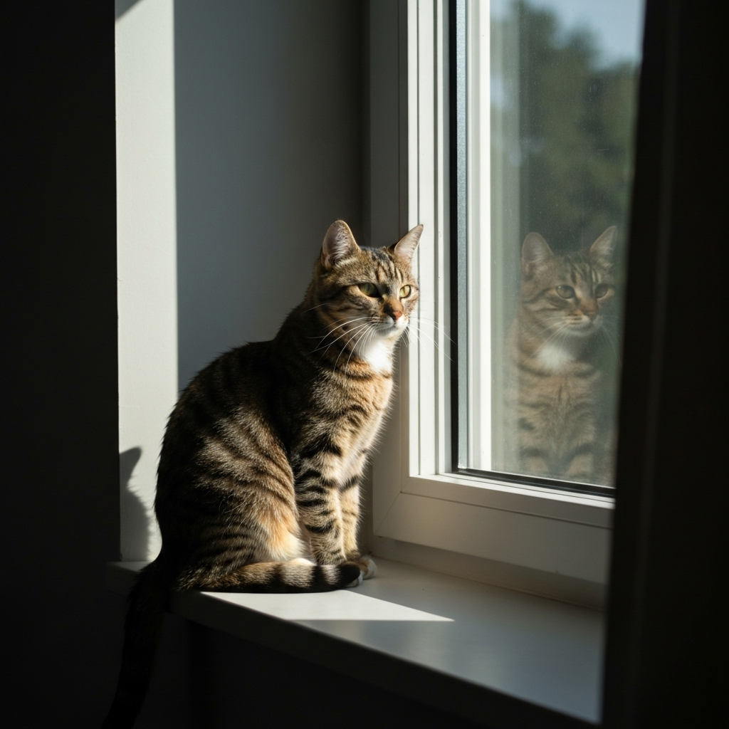 A medium shot of a tabby cat calmly sitting in a sunbeam on a windowsill, soft natural lighting, detailed fur texture.