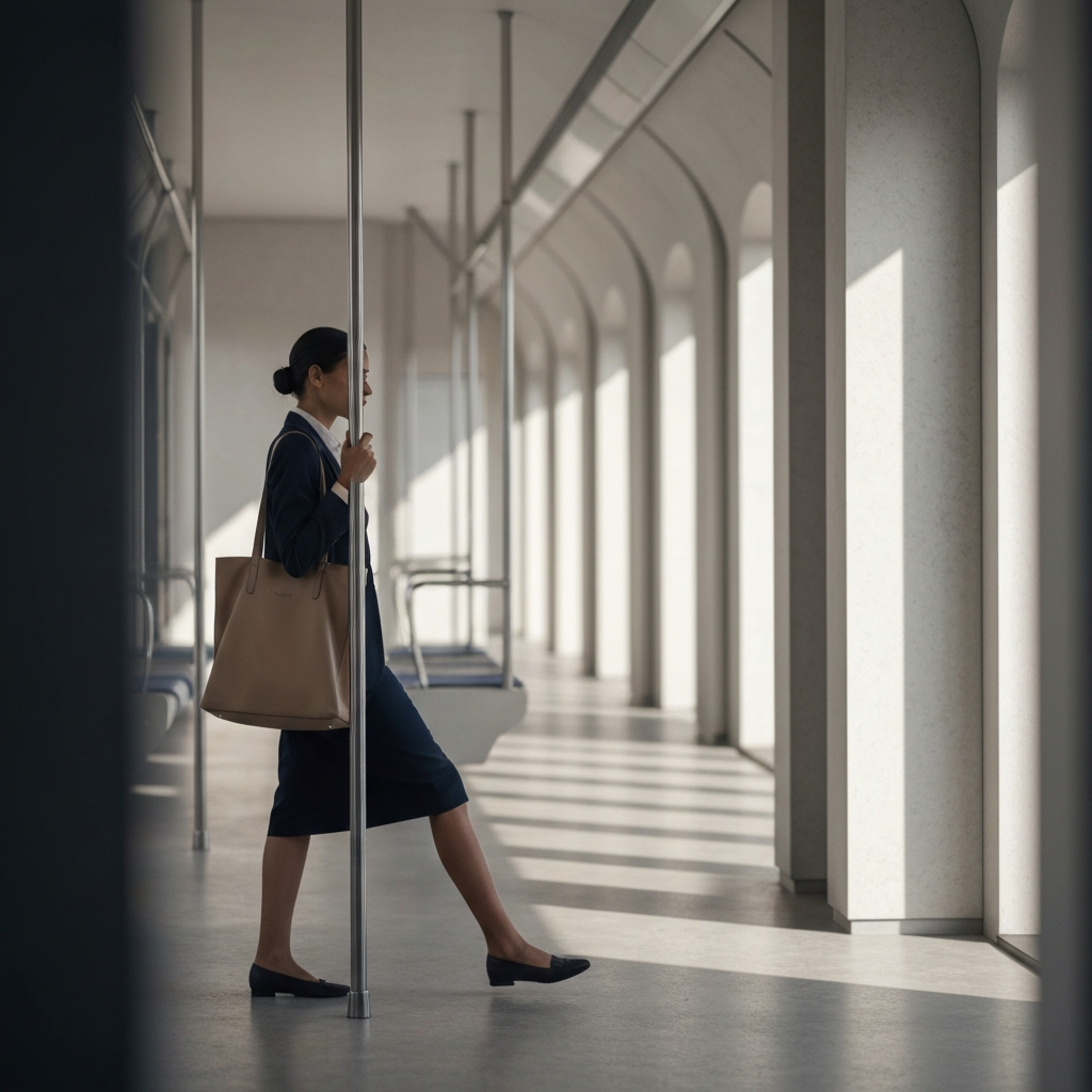A woman in professional attire discreetly carrying a large tote bag on a subway train, soft bokeh in the background, muted colors, side-lit textures.