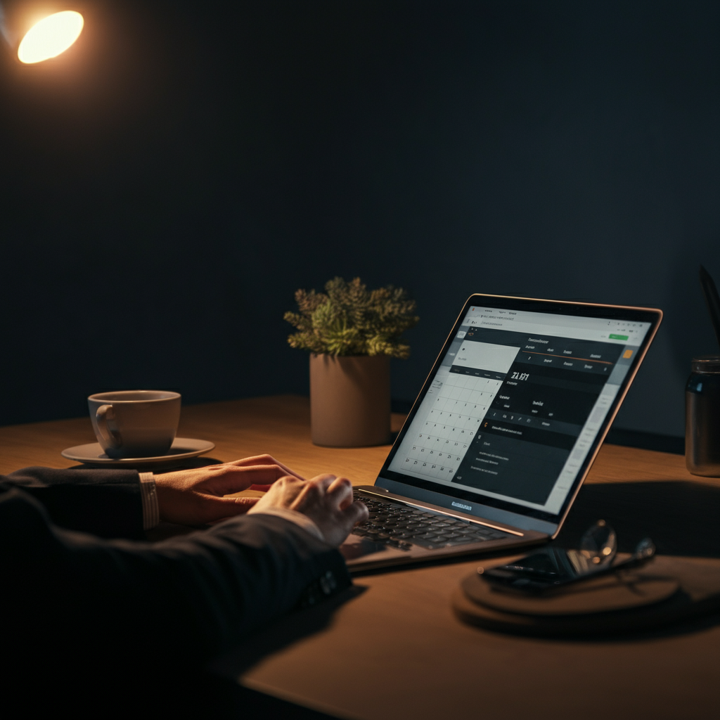 A clean and organized desk in a modern office environment, shallow depth of field, warm ambient lighting, focus on a laptop screen displaying a calendar app.
