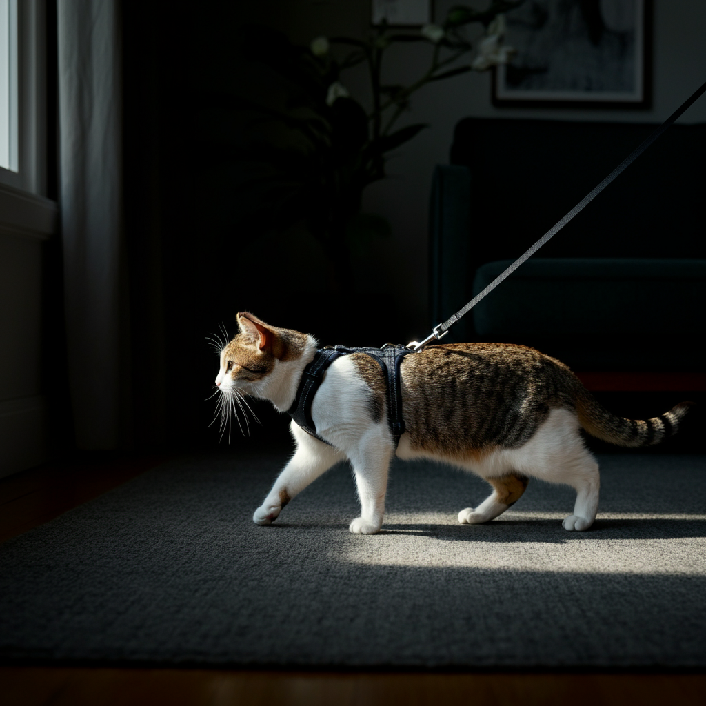 A cat wearing a harness and leash, walking on a carpet in a home environment, soft lighting, focus on the harness straps and leash attachment.