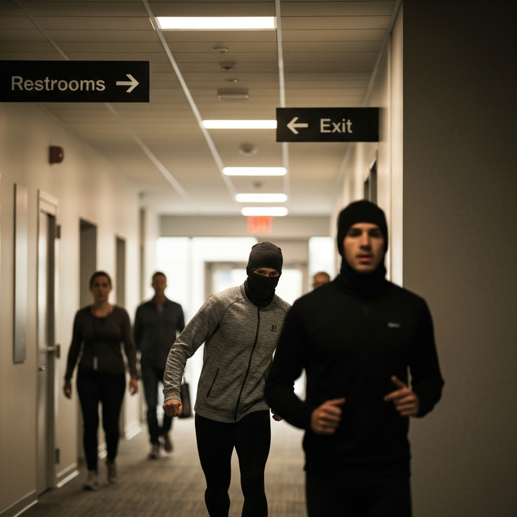 A blurred background shot of an office hallway with people walking by, focus on a sign indicating "Restrooms" and "Exit", neutral lighting.
