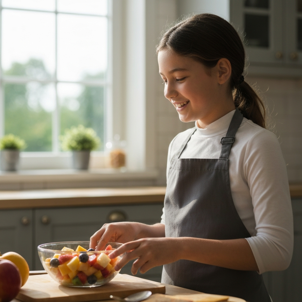 A softly-lit kitchen. A preteen girl is smiling as she prepares a colorful fruit salad. Natural light streams through the window, highlighting the vibrant colors of the fruit and the girl's focused expression. The background is slightly blurred (soft bokeh) to keep the focus on the subject.
