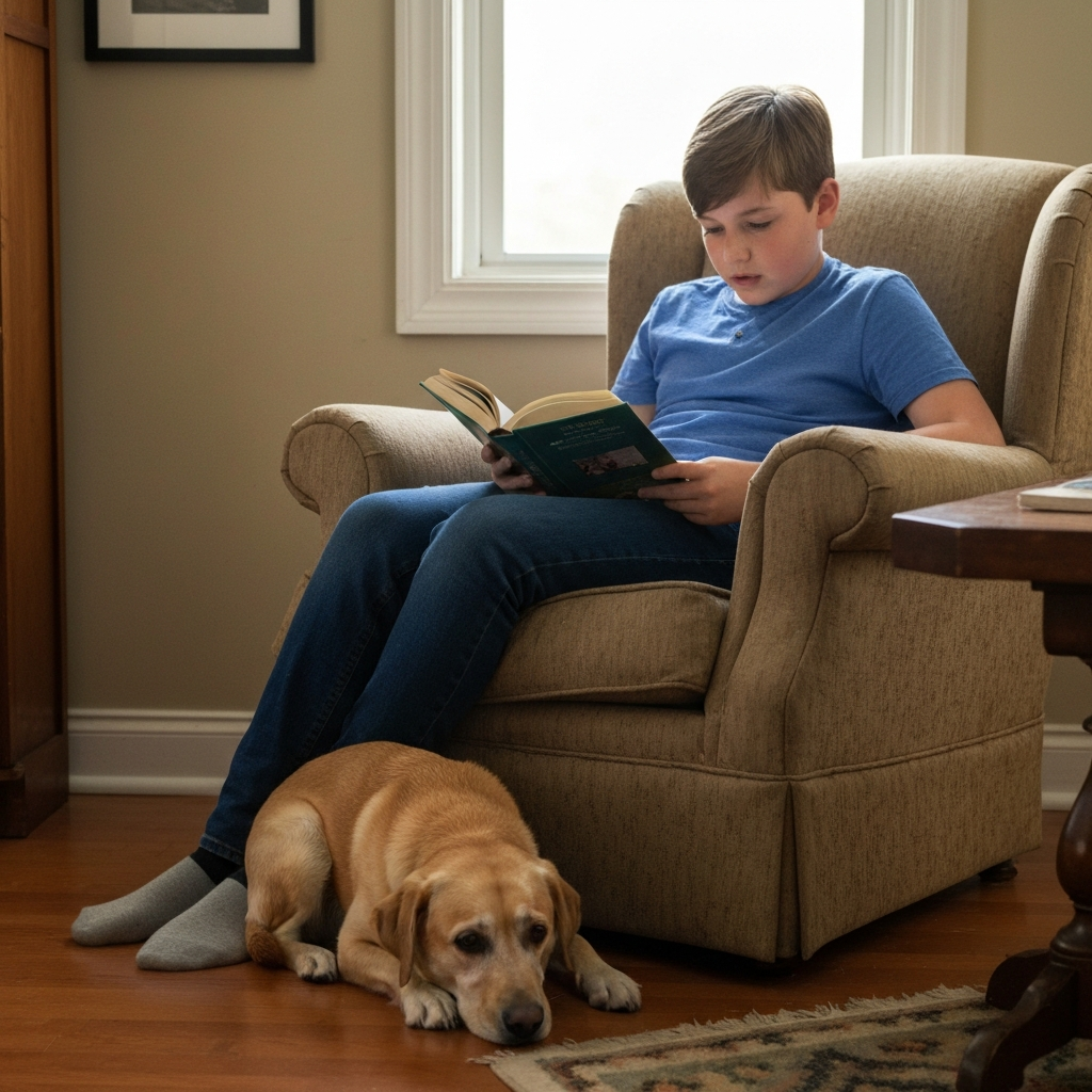 A warmly lit living room. A preteen boy is sitting on a comfortable armchair, reading a book. A dog is curled up at his feet. The lighting is soft and inviting, creating a sense of peace and tranquility.