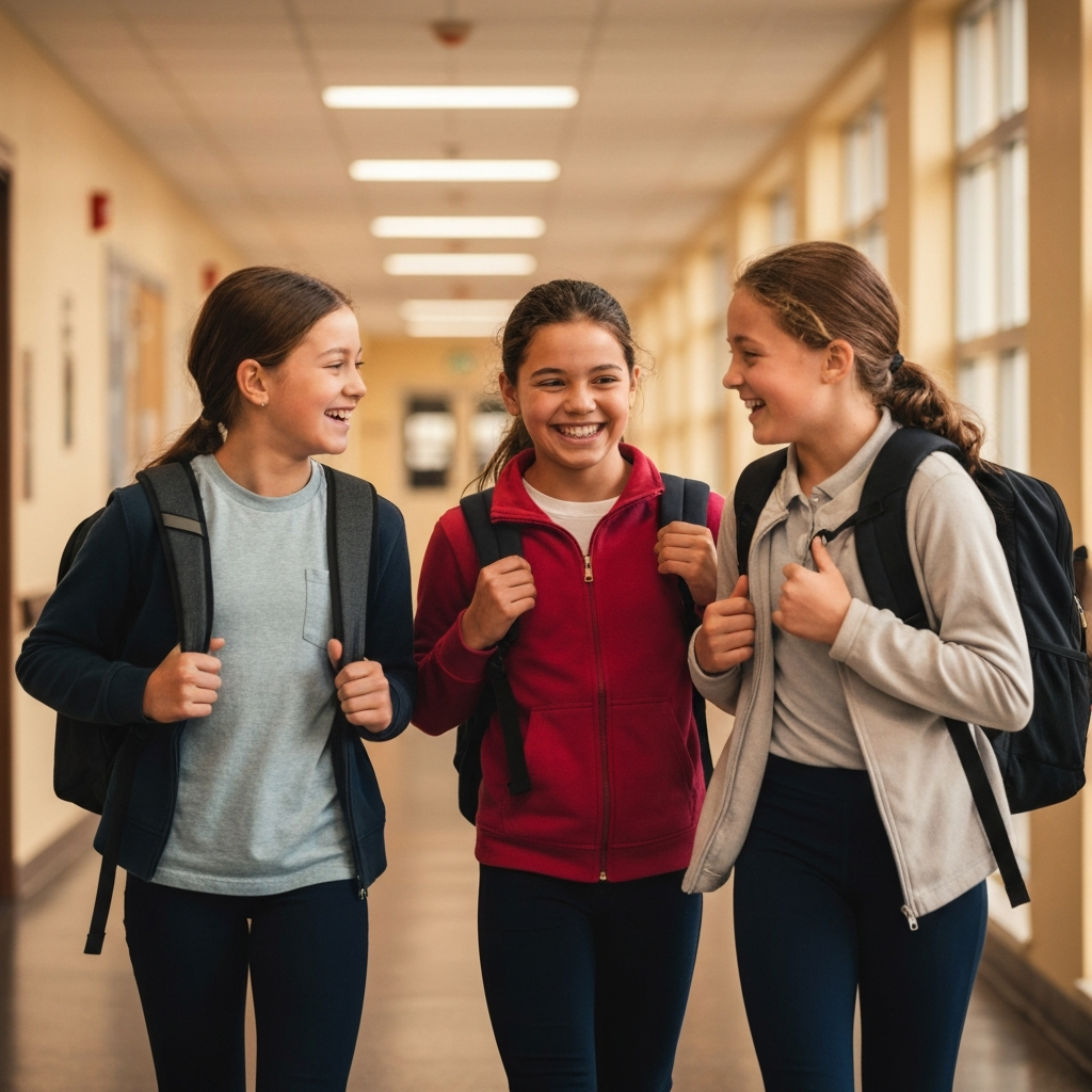 A brightly lit school hallway. A group of three preteen girls are laughing and talking as they walk together. Their backpacks are slung over their shoulders, and the background is slightly blurred to focus on their interaction.