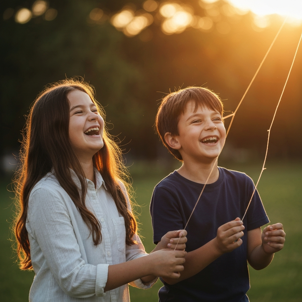 Golden hour lighting in a park. A preteen girl and boy are laughing as they fly a kite together. Their faces are lit by the warm, golden light, and the scene conveys a sense of joy and connection with nature.