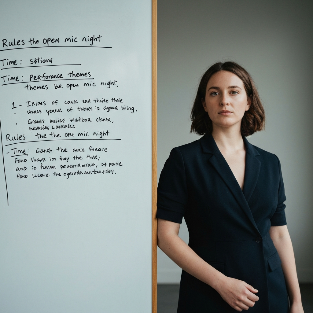 A whiteboard with handwritten notes detailing performance times, themes, and rules for the open mic night, side-lit to emphasize the texture of the board.