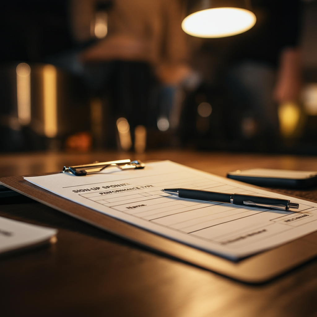 A close-up of a sign-up sheet on a clipboard, with a pen resting on top. The sheet includes clear headings for name, contact info, and performance type. Golden hour lighting adds warmth to the scene.