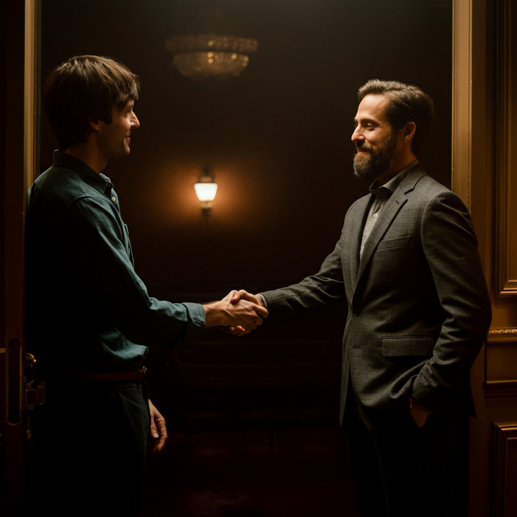 A host shaking hands with an audience member near the entrance of the venue. Soft, ambient lighting creates a welcoming atmosphere.