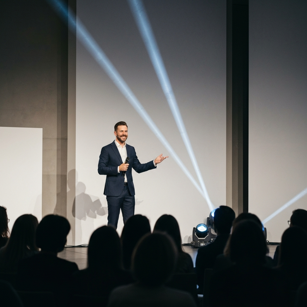 A host standing on stage, smiling and gesturing towards the audience. Stage lighting creates a dynamic and engaging atmosphere.