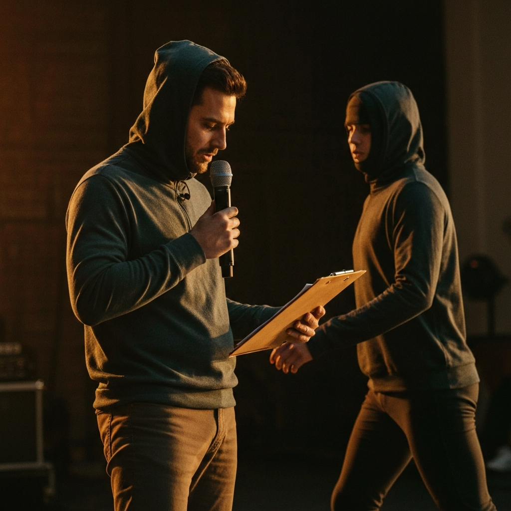A host holding a microphone, looking down at a clipboard, while soft background music plays. The lighting is warm and inviting.