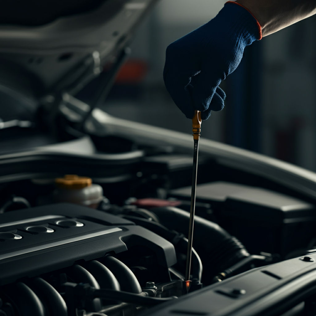 Close-up of an engine dipstick being pulled out, with soft bokeh highlighting the oil level markings and a mechanic's gloved hand.