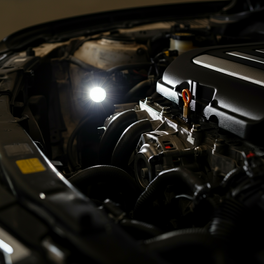 Side-lit view of an engine bay with a flashlight beam highlighting a possible oil leak near the oil pan gasket. Focus is on the oily residue and the texture of the metal.
