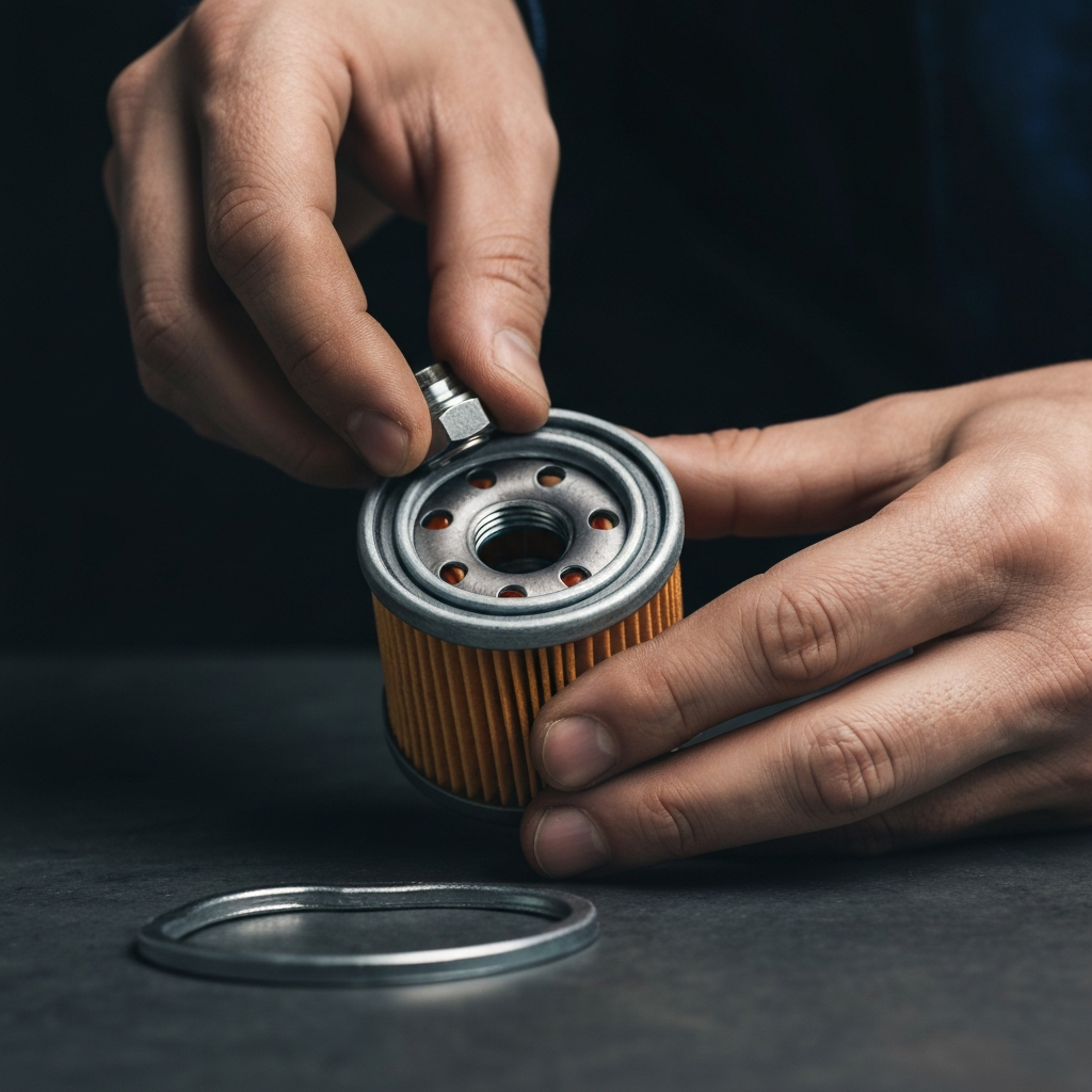 Close-up of a mechanic's hands removing an oil filter, with clear focus on the filter's threads and gasket. Soft light highlights the different textures of the filter material.
