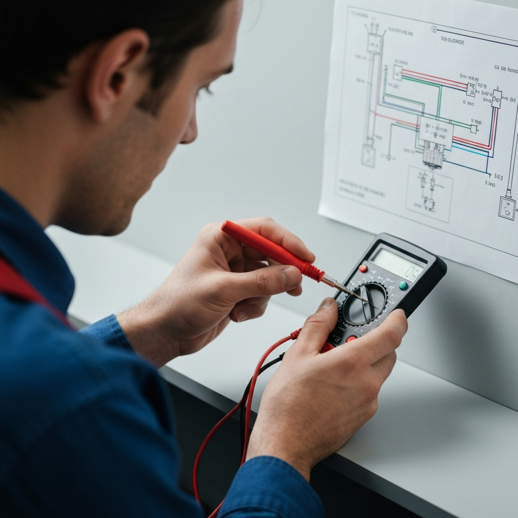 Mechanic using a multimeter to test an oil pressure sensor, with a wiring diagram visible in the background. Shallow depth of field emphasizes the precision of the testing procedure.