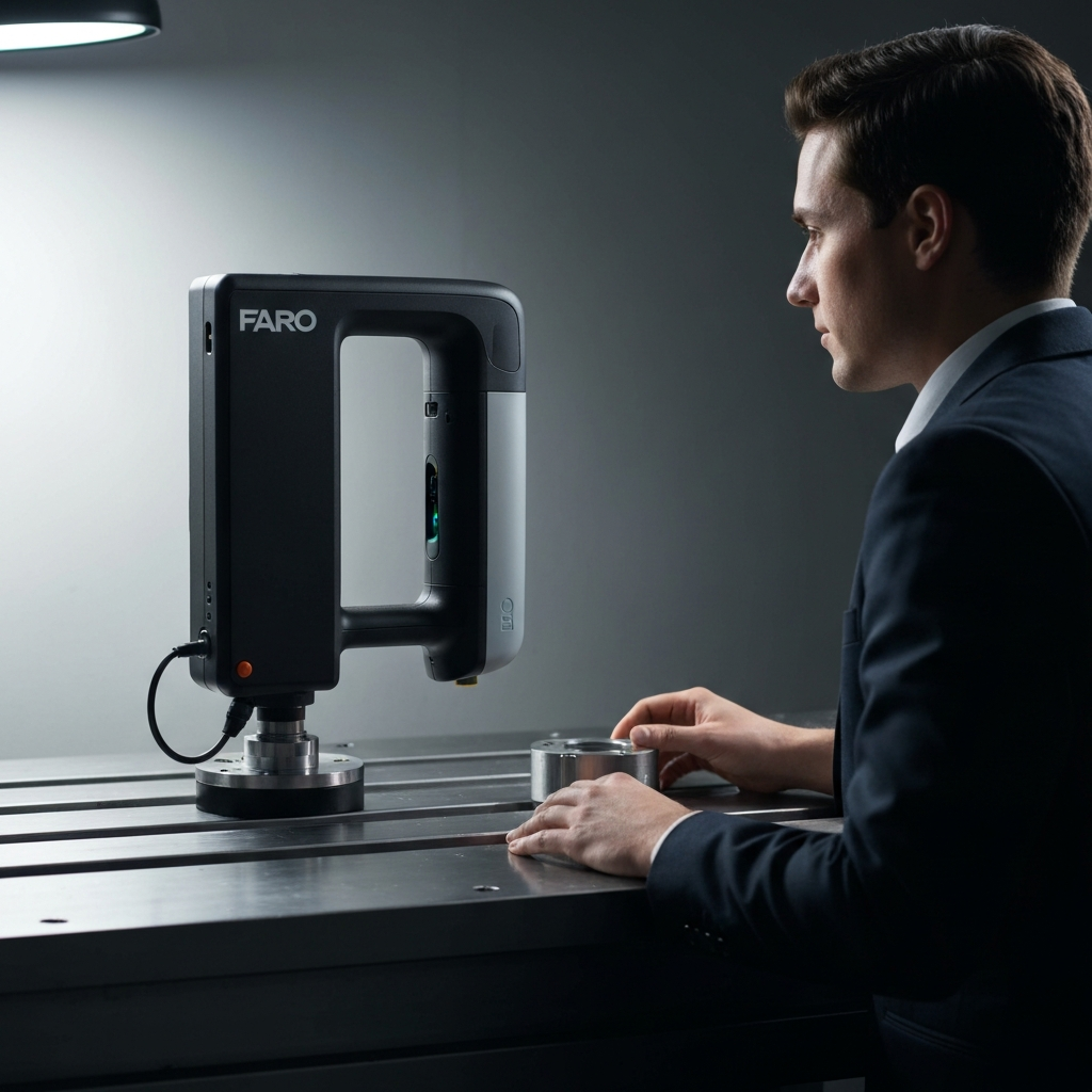 A wide shot showing a FARO ScanArm mounted on a magnetic base, attached to a metal workbench. A machined part is placed nearby. The lighting is diffused, creating soft shadows.