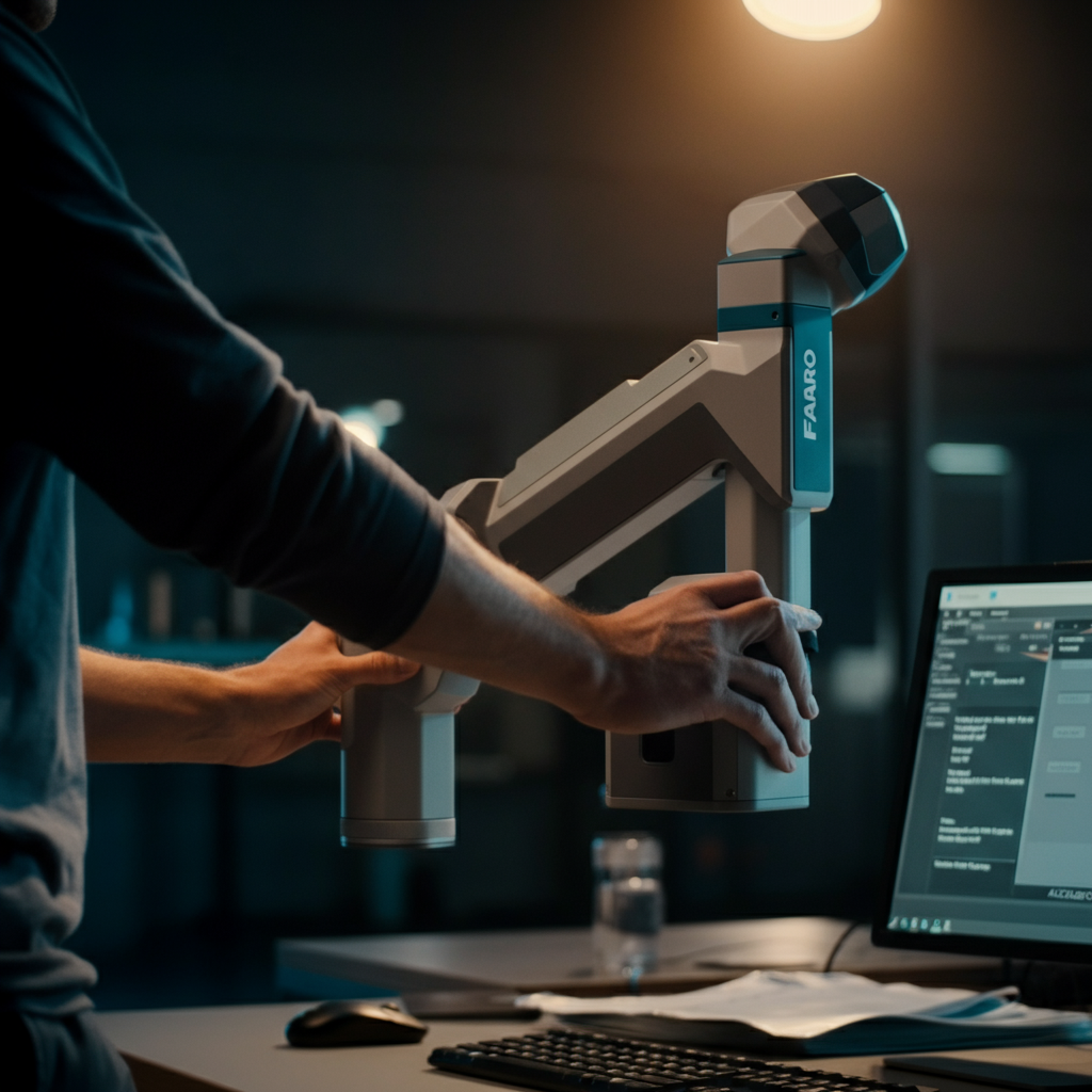 A technician gently moving the joints of a FARO ScanArm. The background features a computer monitor displaying the CAM2 software interface.