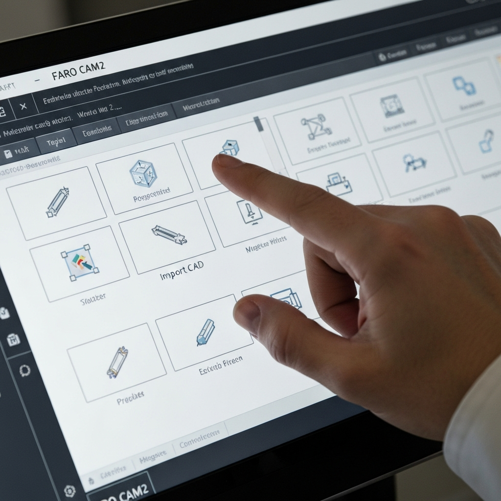 A hand clicking the "Import CAD" icon on the FARO CAM2 software interface. The screen is well-lit and shows the various icons clearly.