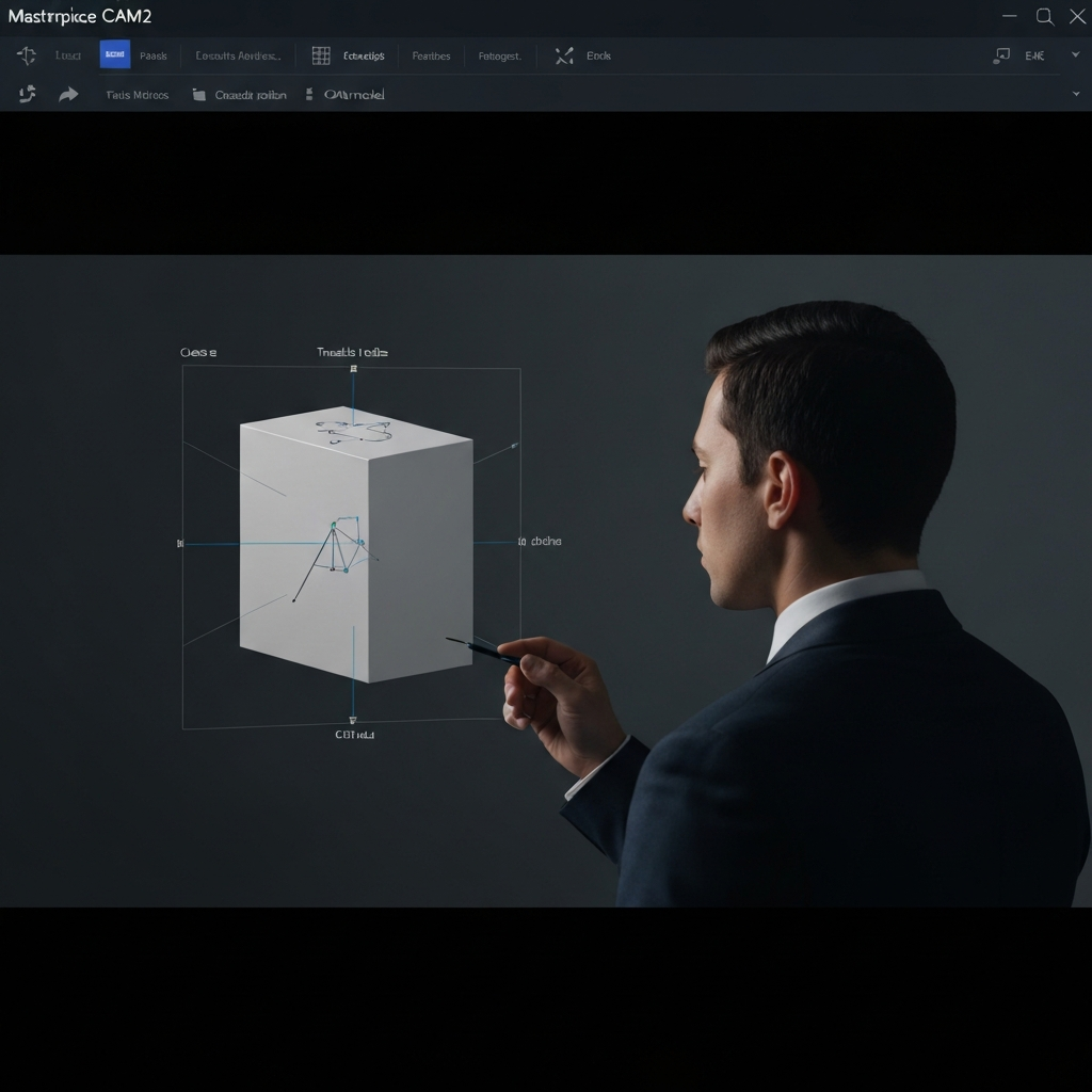 Close-up of the CAM2 software interface showing the translate and rotate tools being used to adjust the position of a CAD model.