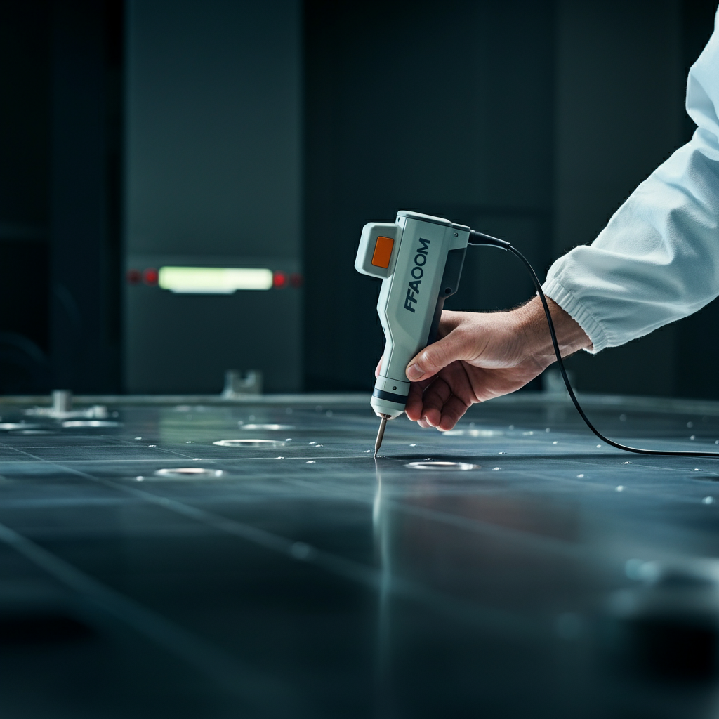 A technician using the FARO ScanArm probe to measure points on a flat surface of a metal part. The lighting highlights the texture of the metal and the probe tip.