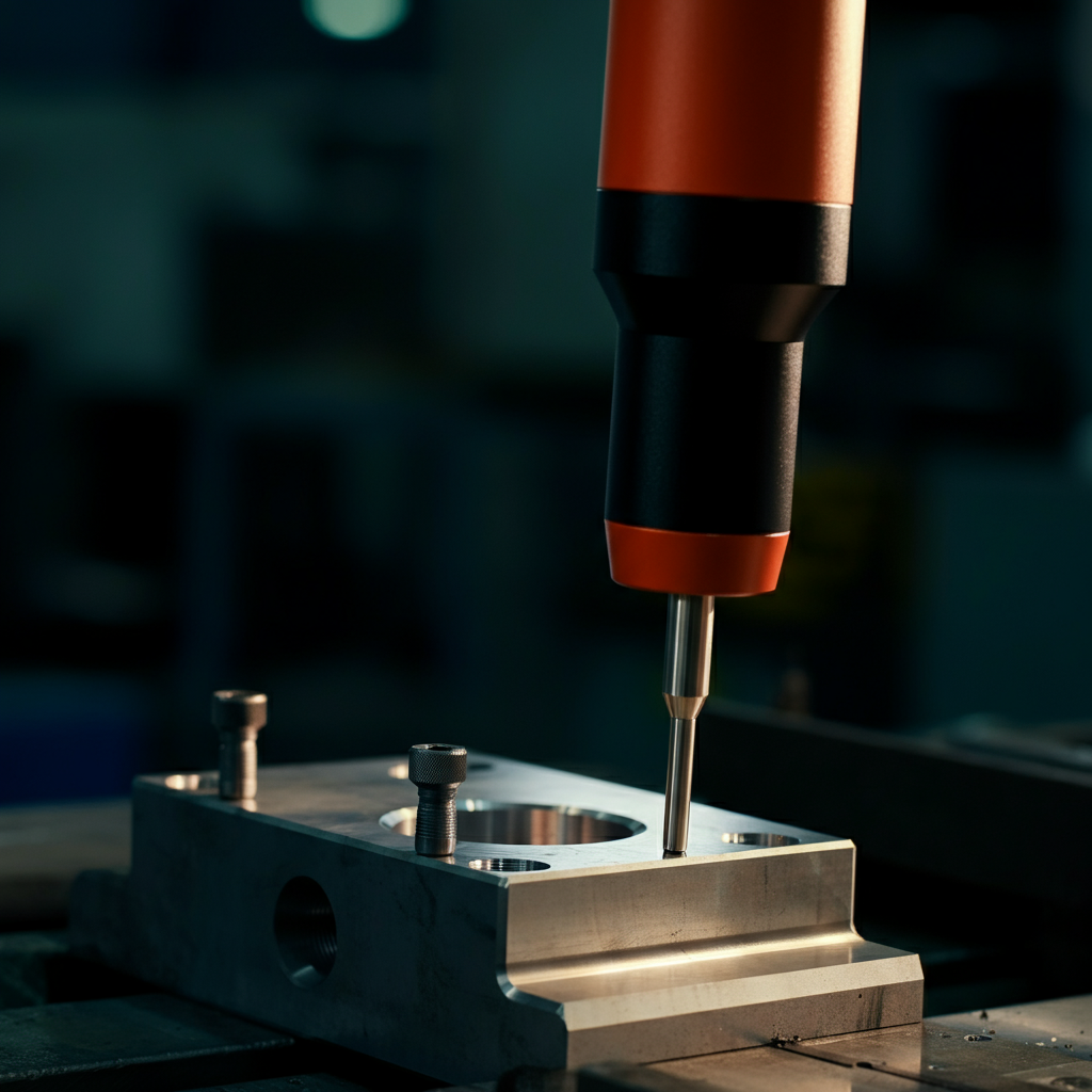 Close-up of the ScanArm probe touching a straight edge on a metal part. The probe is side-lit, casting a slight shadow.