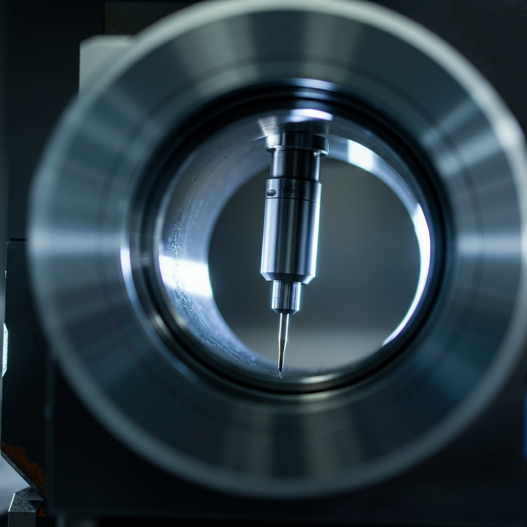 The ScanArm probe measuring the inside of a circular hole in a metal part. Soft bokeh in the background.