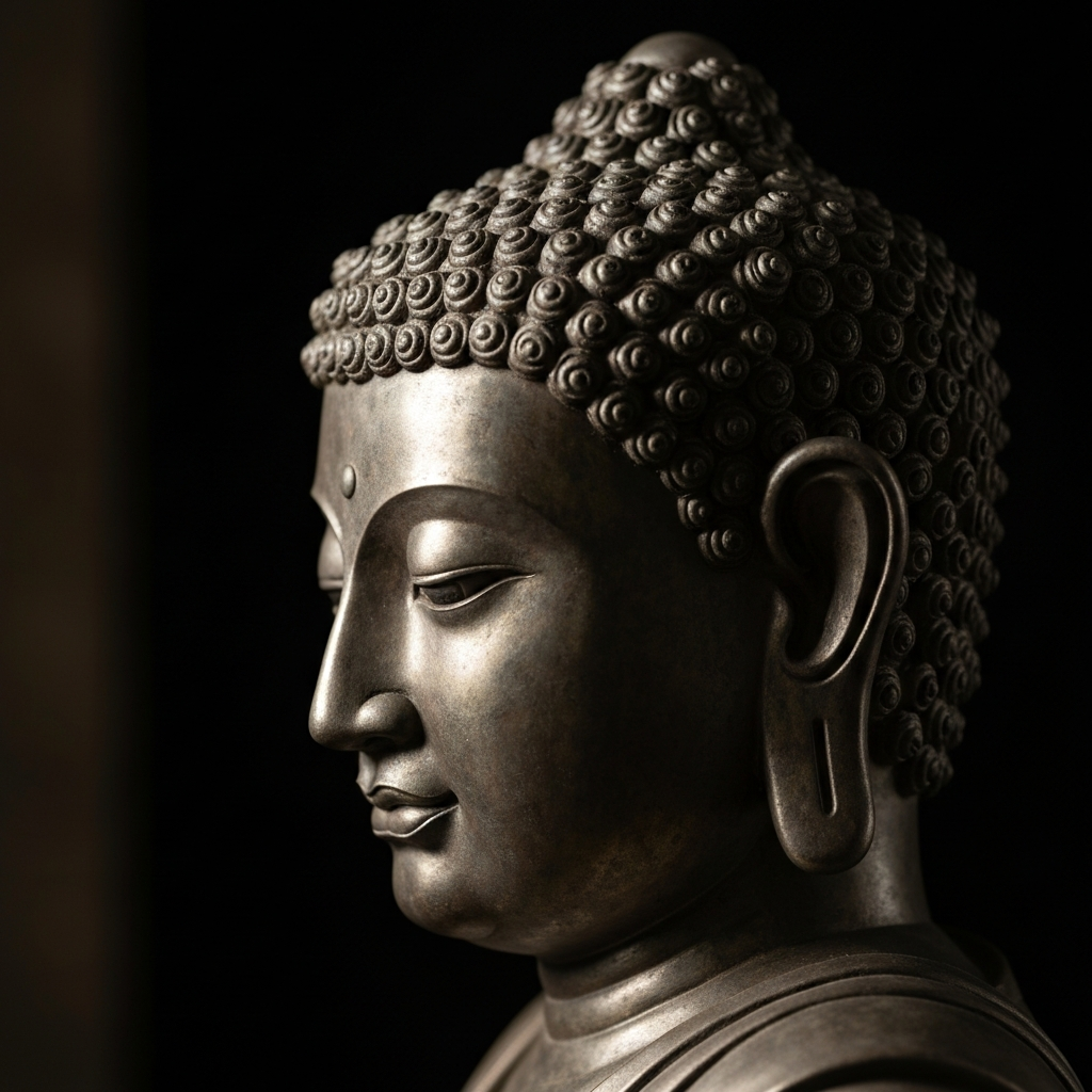 A close-up shot of a detailed sculpture of Buddha's head with prominent ears, softly lit to highlight the texture of the stone or metal. The background is blurred with a shallow depth of field.