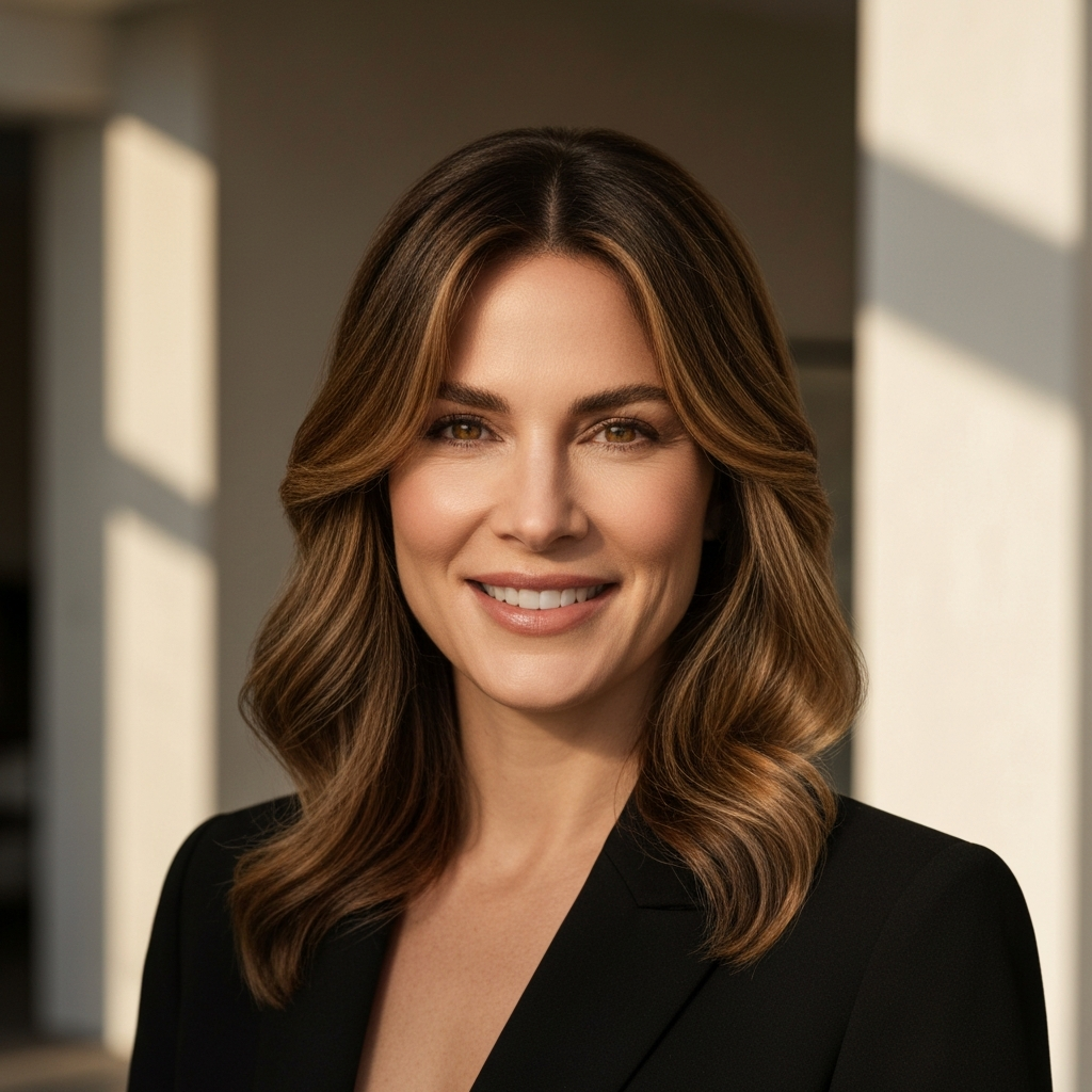 A woman with long, wavy hair styled with soft layers around her face, smiling confidently at the camera. The lighting is warm and natural, highlighting the texture of her hair and the gentle curve around her ears.