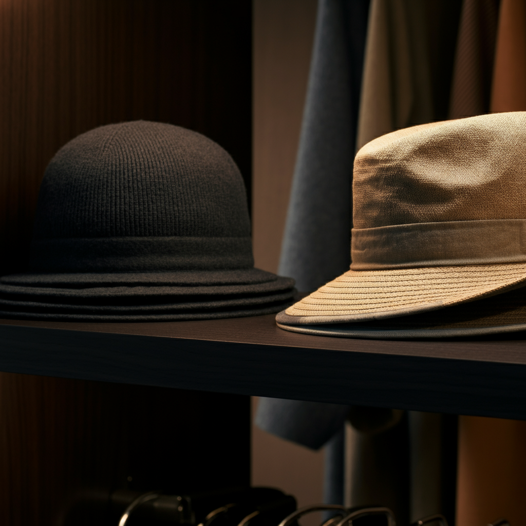 A collection of hats (beanie, baseball cap, wide-brimmed sun hat) arranged on a shelf with soft, diffused lighting. The background is a blurred view of a stylish wardrobe.