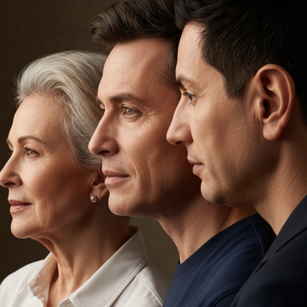 A family portrait featuring three generations, with soft, natural lighting highlighting the subtle similarities and differences in their facial features, including their ears. The scene evokes a sense of familial connection and shared traits.