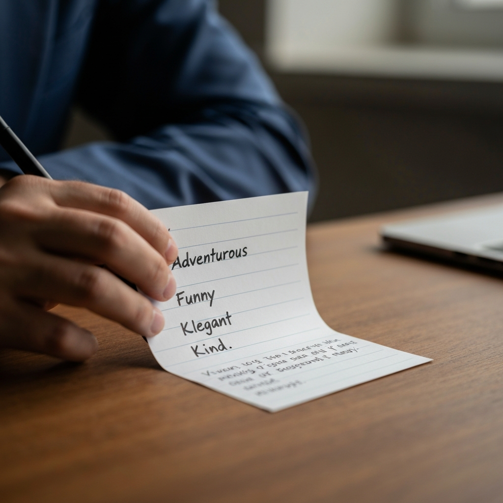 A close-up shot of a handwritten note with keywords describing someone’s personality: "Adventurous," "Funny," "Elegant," "Kind." The note is on a wooden desk with soft, natural light.