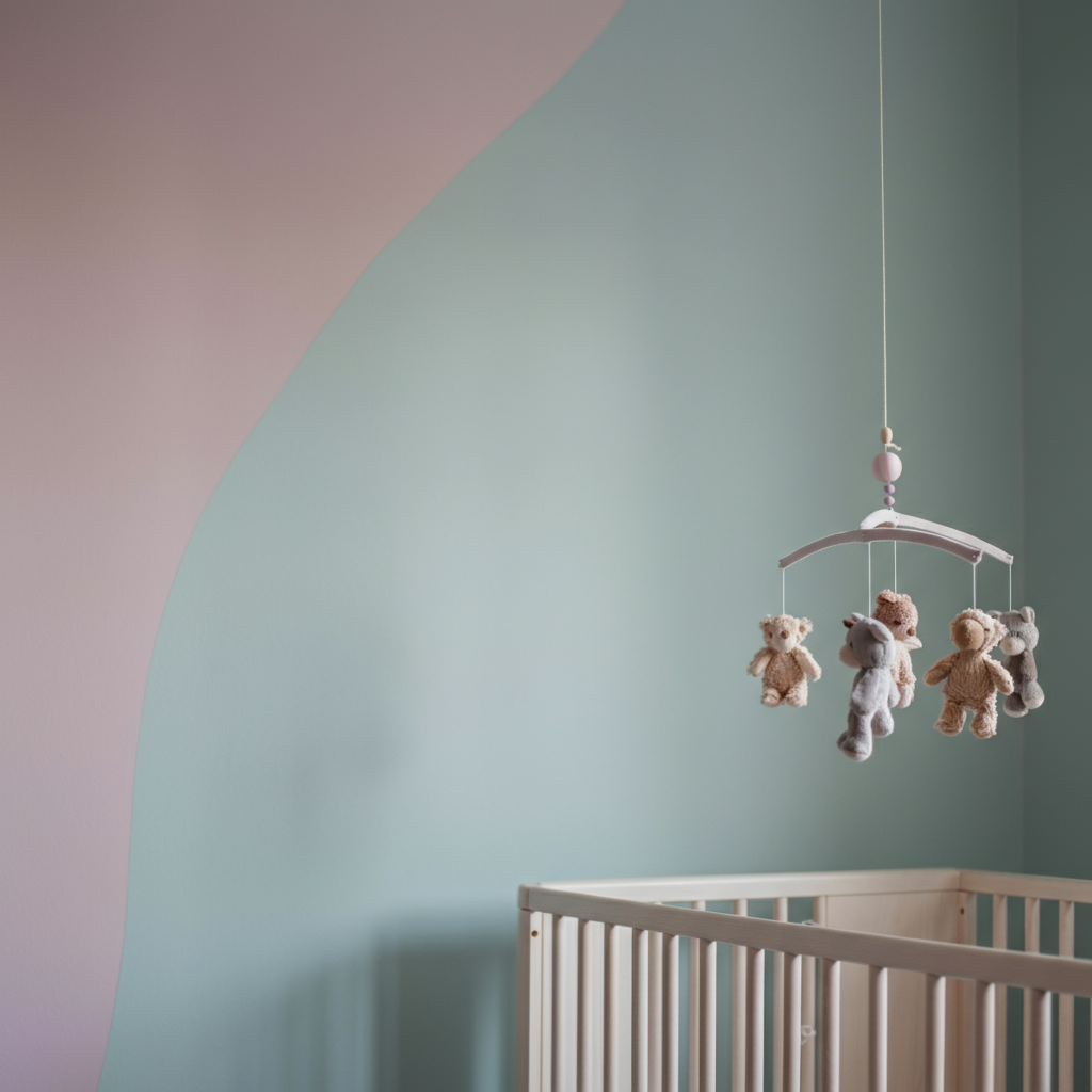 A brightly lit nursery with pastel-colored walls. A mobile with small stuffed animals hangs above a crib. Focus is on the soft textures and gentle lighting.