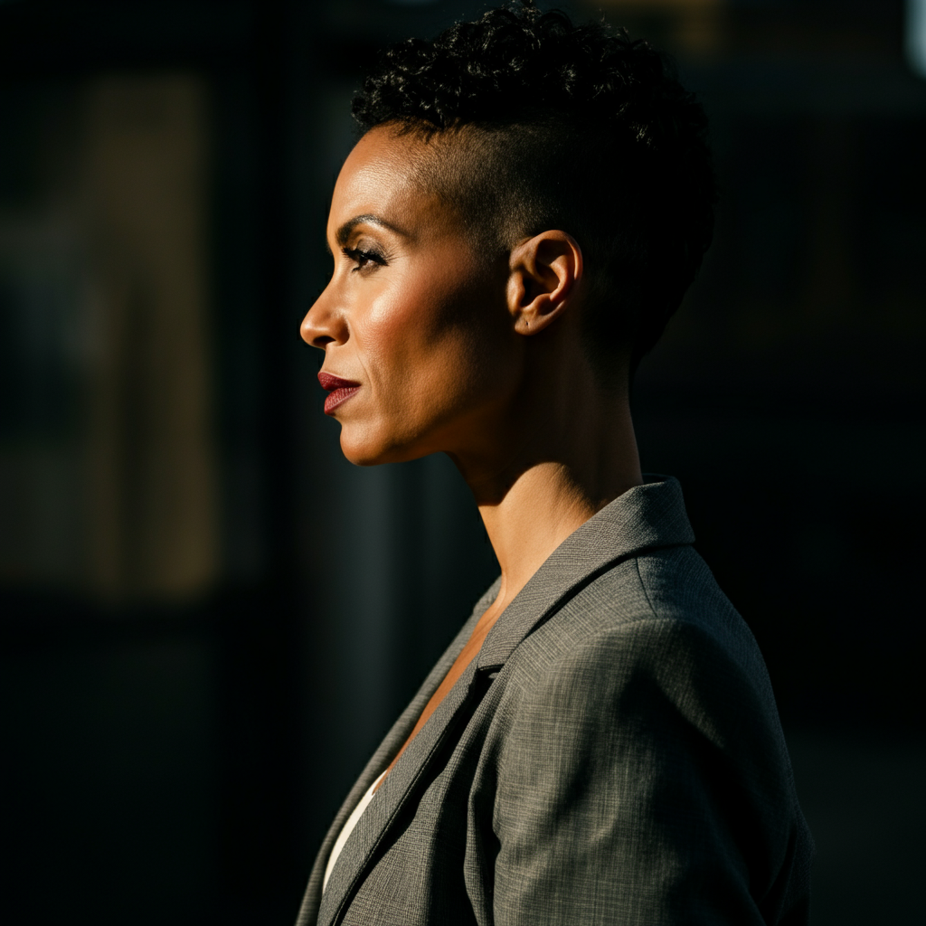 A side-lit portrait of a woman with a confident expression. She's wearing a stylish blazer and has a trendy haircut. The background is blurred with a soft bokeh effect.