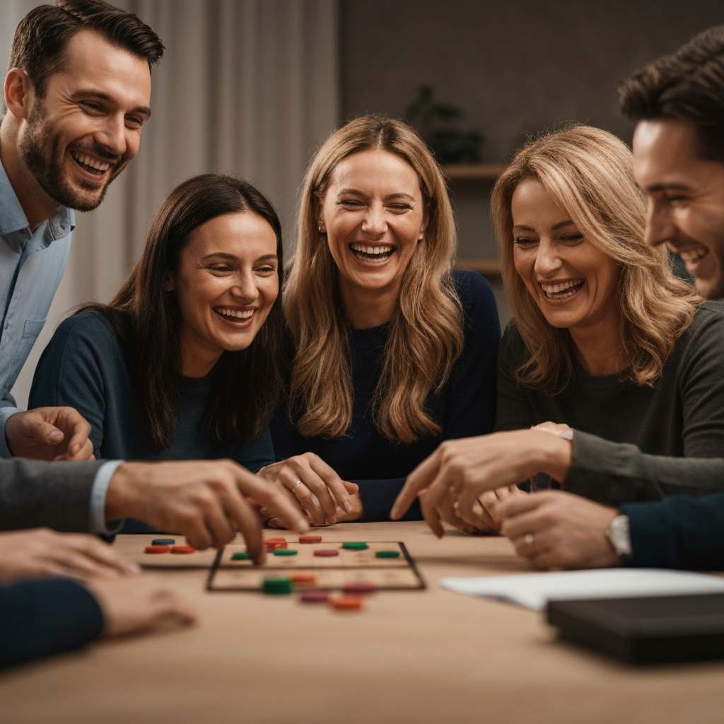 A group of people laughing and playing a game at a family gathering. The lighting is warm and inviting. Focus is on the genuine smiles and joyful expressions.