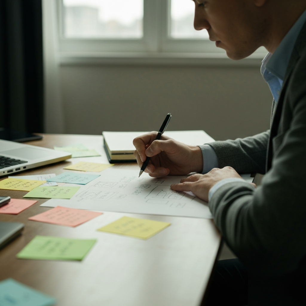 A person sitting at a desk, brainstorming ideas with a pen and paper. There are scattered notes and sketches around them. The light is focused on the creative process.