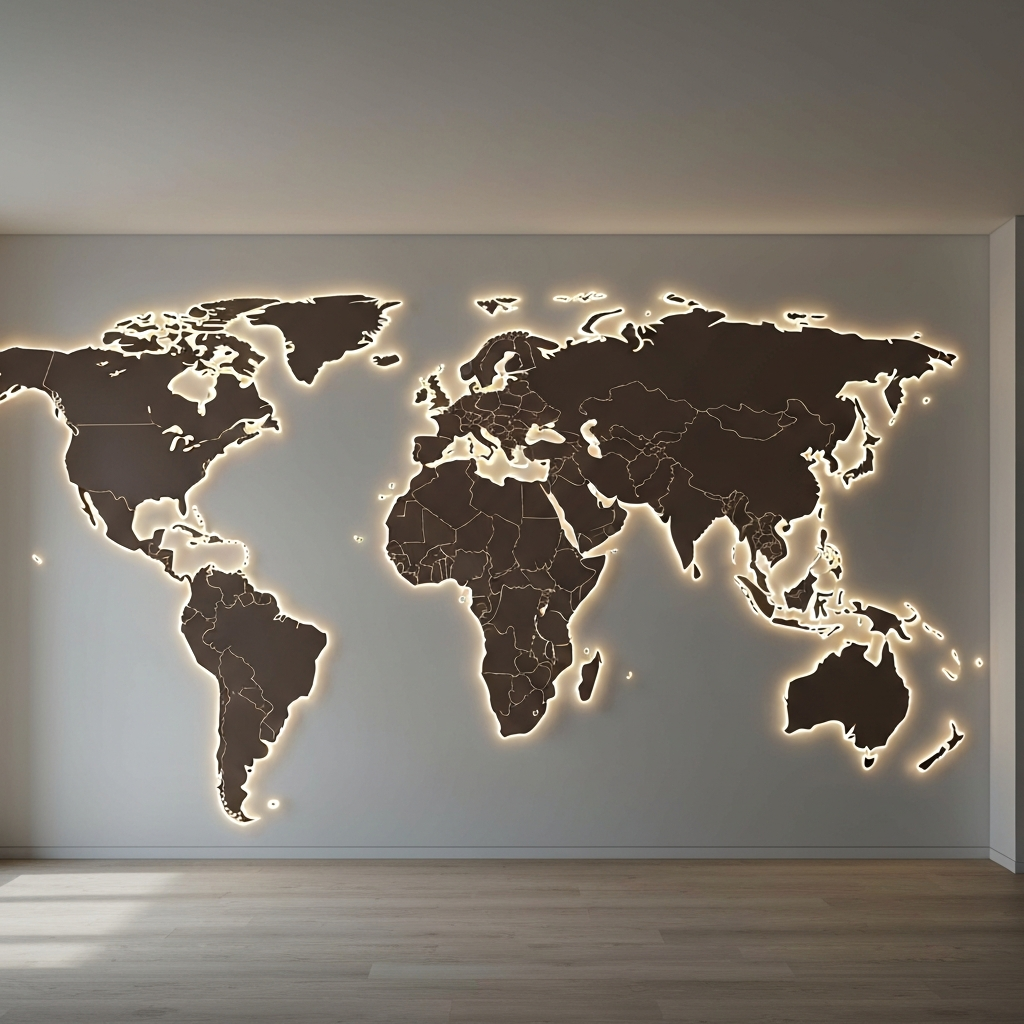 A map of the world with different countries highlighted. Soft, warm lighting illuminates the map, creating a sense of exploration and cultural diversity.