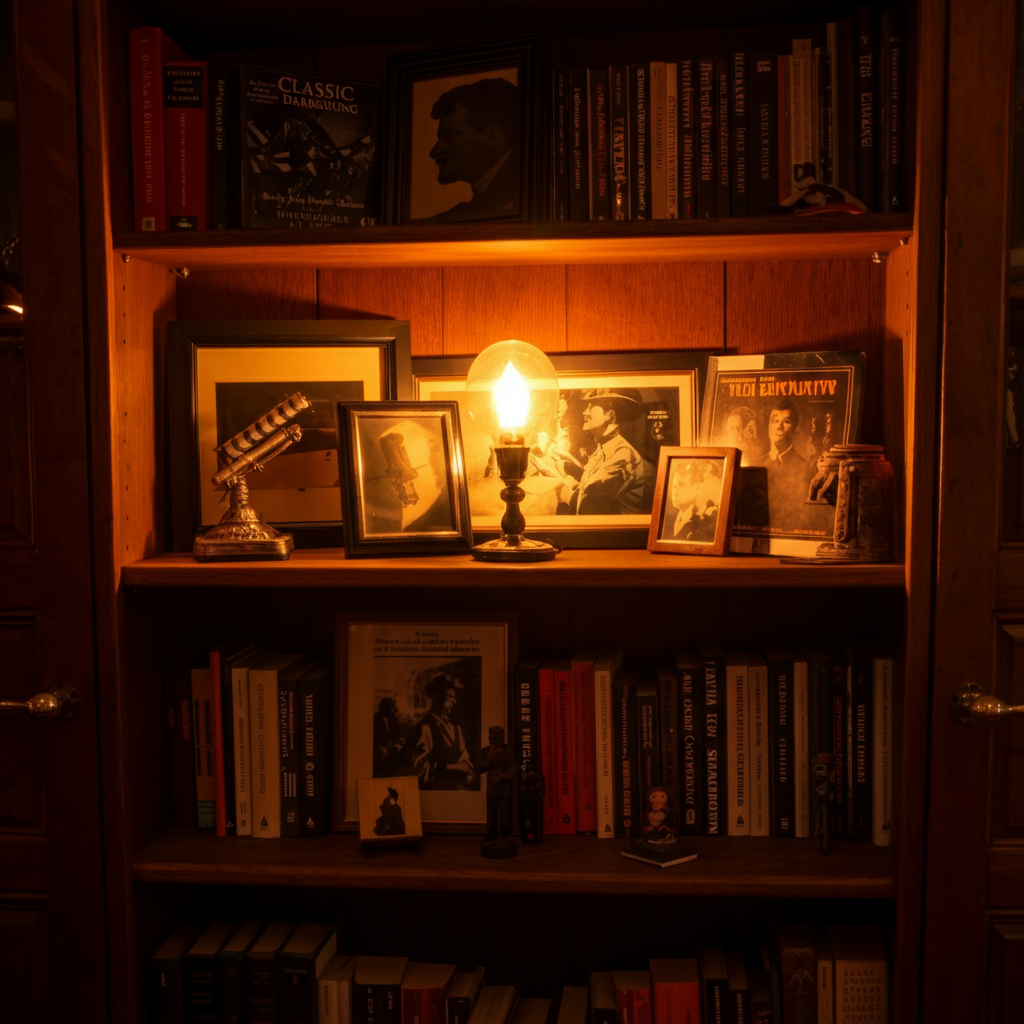 A bookshelf filled with classic literature and movie memorabilia. The lighting is warm and inviting, creating a cozy and nostalgic atmosphere.