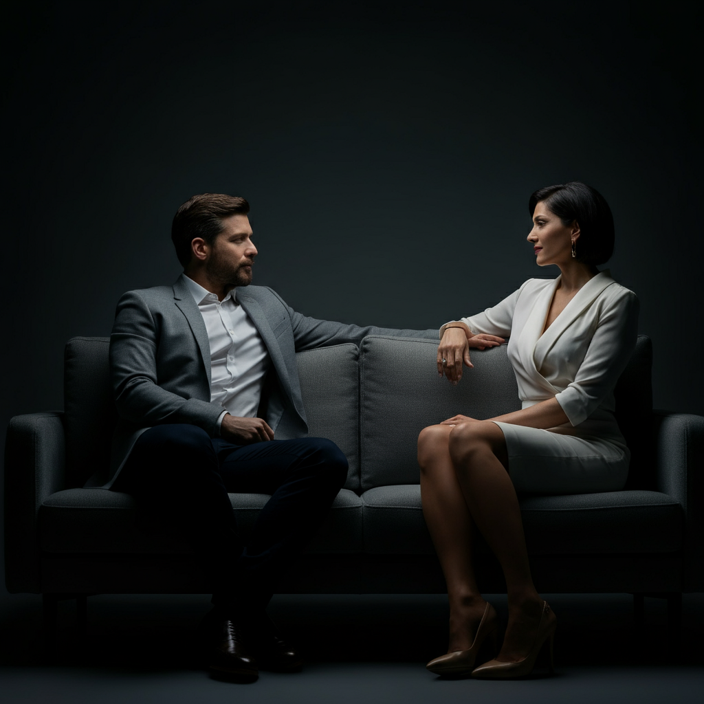 Two people sitting together on a couch, having a conversation. The lighting is soft and intimate, emphasizing the importance of communication and understanding.