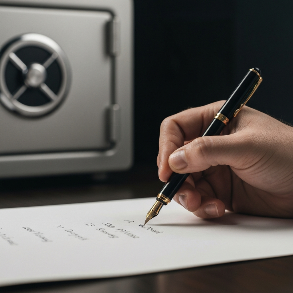 Close-up of a hand carefully writing down a 12-word seed phrase on a piece of paper with a fountain pen. Soft, diffused lighting with a shallow depth of field, emphasizing the focused expression on the hand. A secure-looking safe is slightly blurred in the background.
