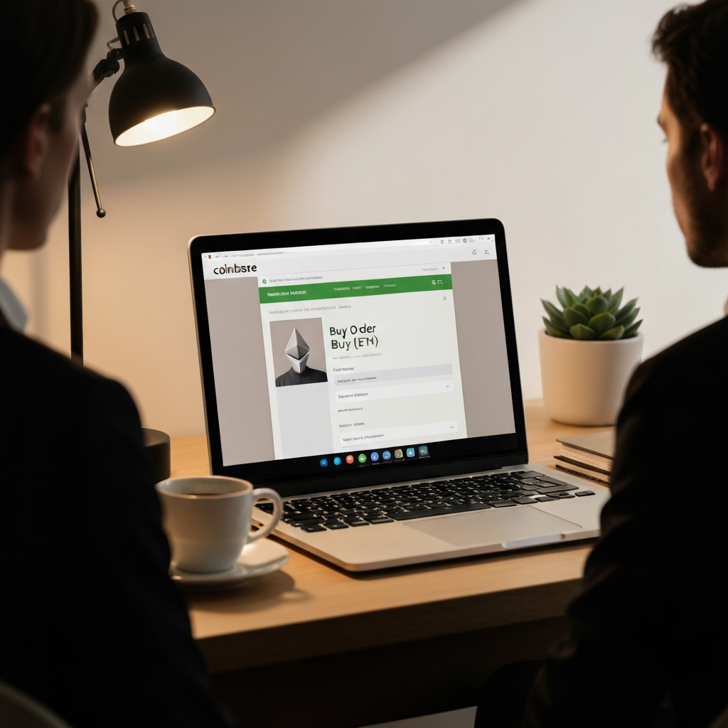 A laptop screen displaying the Coinbase website with a buy order for Ethereum (ETH) being processed. Warm, neutral lighting illuminating the screen and the surrounding desk area. A coffee mug and a small succulent plant add a touch of personal detail to the scene.