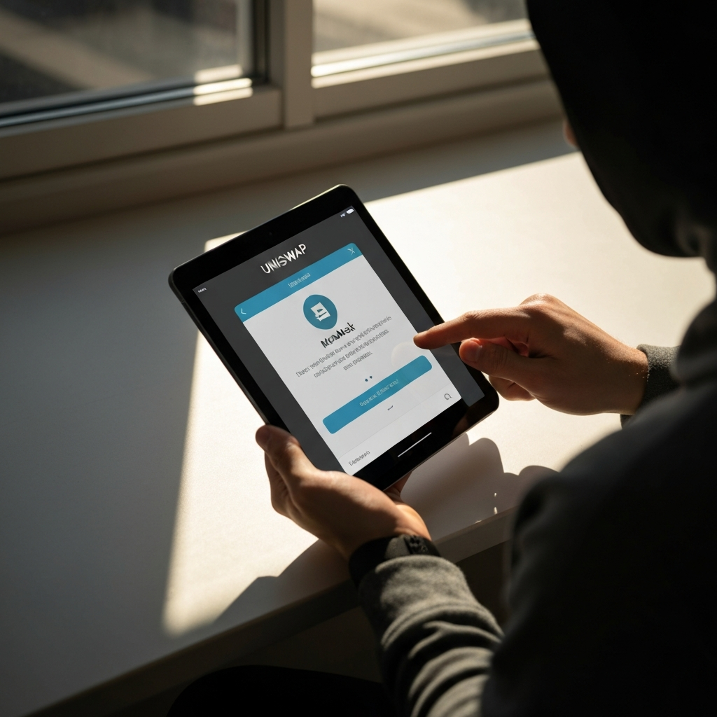 A person using a tablet showing the Uniswap interface with a MetaMask wallet connection prompt displayed. Natural daylight streaming in from a nearby window, casting soft shadows. The person's hands are visible, carefully tapping the screen.