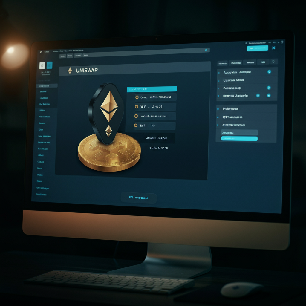 A computer monitor displaying the Uniswap interface with ETH and RBIF selected for a swap transaction. The lighting is ambient and slightly cool, highlighting the details on the screen. The monitor is surrounded by a clean, modern workspace.