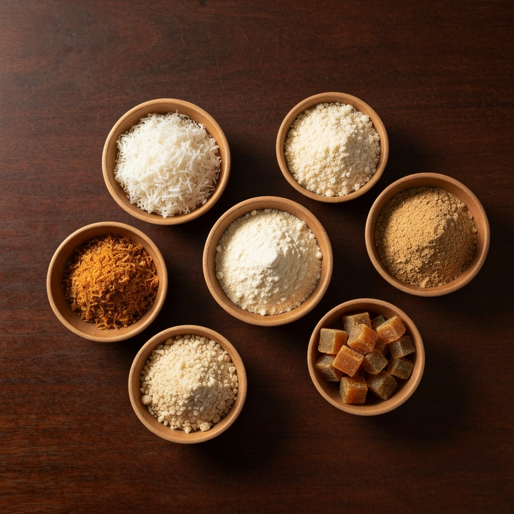 Overhead shot of a wooden table showcasing individual bowls containing measured amounts of roasted shredded coconut, roasted rice flour, jaggery pieces, and spices. Soft, diffused lighting highlights the textures of each ingredient.