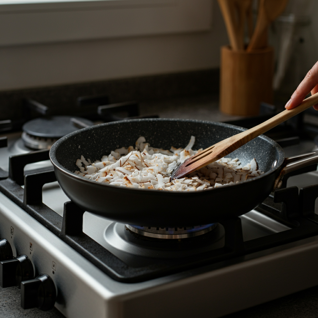 Close-up shot of shredded coconut being roasted in a non-stick pan on a gas stove, highlighting the color change from white to golden brown. A wooden spatula is used to stir the coconut. Warm, golden hour lighting from a nearby window.
